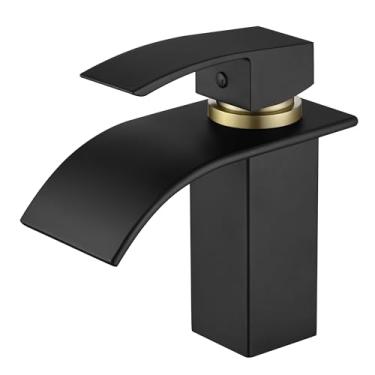 Imagem de SUMERAIN Torneira de banheiro cachoeira alça única 1 furo, aço inoxidável sem chumbo preto e dourado torneira pia pia