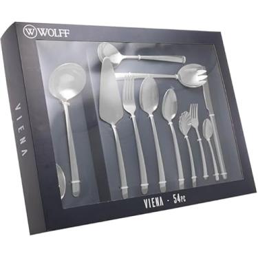 Imagem de Faqueiro Aço Inox Jogo de Talher Mesa Posta Viena 54 Peças Caixa Litografada Wolff