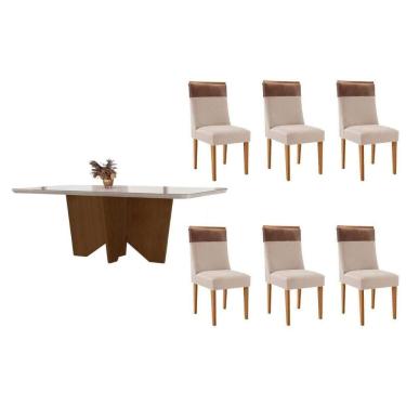 Imagem de Conjunto Sala de Jantar Nevada c/ Tampo Madeirado c/ Vidro Canto Curvo 180x90cm e 6 Cadeiras Jaspe Madeira Maciça Naturale/Off White - Capuccino/Suede