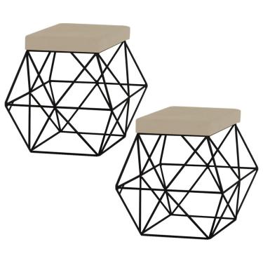 Imagem de Kit 2 Puffs Decorativo Sala de Estar Base Preto Trixie Veludo Bege - Gran Belo