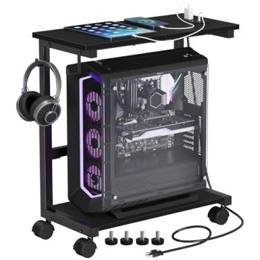 Imagem de Snughome Suporte de torre de computador com estação de carregamento, 64 a 82 cm de altura ajustável em PC para piso, suporte de PC móvel com rodas, carrinho de computador para escritório em casa