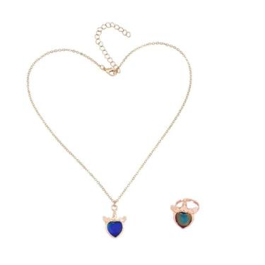 Imagem de KZL Conjunto de colar de humor com sensor de temperatura e mudança de cor, fofo, gato, unicórnio, redondo, amor, coração, pingente de colar, anéis abertos com cartão para mulheres, casal, amizade