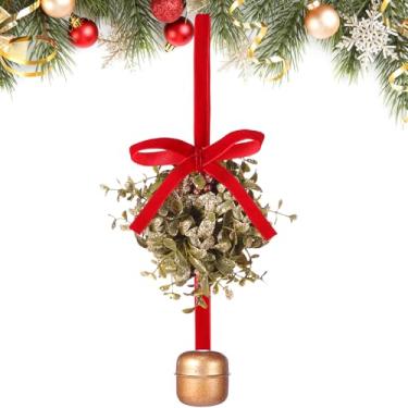 Imagem de Knitgrip Bola de beijo de visco de Natal com glitter com enfeite de sino com laço e frutas silvestres decoração artificial de visco para decoração de luz de teto de entrada (vermelho, fita de veludo)