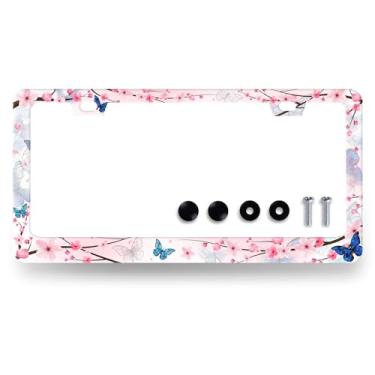 Imagem de Moldura de placa de licença de borboleta rosa flor de cerejeira linda flor suportes de placa de carro de aço inoxidável suporte de carro 2 furos e parafusos acessórios universais para placas de carro