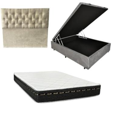 Imagem de Cama Box Baú Blindada com Colchão Eagle Molas Bonnel 22cm + Cabeceira Botonê (SUEDE CINZA, Casal)
