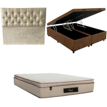 Imagem de Cama Box Baú Bipartida Blindada com Colchão Cloud Molas Ensacadas C/Pillowtop 32cm + Cabeceira Botonê (SUEDE MARROM, Queen)