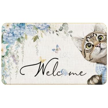 Imagem de WARDOS Tapete de boas-vindas para gatos, azul rústico hortênsia floral gato malhado tapete de porta para porta da frente interior exterior entrada varanda, tapete de banho gatinho fofo, 43 x 76