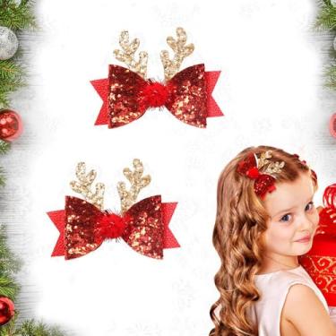 Imagem de 2 peças de grampos de cabelo de Natal – Acessórios de cabelo com laço de glitter de Natal fofos chifres de rena orelhas para meninas mulheres festa cosplay Prezzie (Natal F)