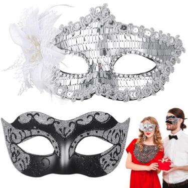 Imagem de Máscaras vintage antigas para casais com fitas ajustáveis, perfeitas para festa de dia dos namorados, carnaval, estilo retrô, pacote com 2 máscaras de baile de máscaras para casais