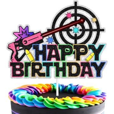Imagem de Topo de bolo de feliz aniversário, decoração de bala alvo tema de tiro de festa para crianças, meninos, homem, decoração de festa de aniversário suprimentos