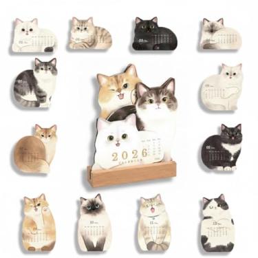 Imagem de Calendário de mesa mensal 2026 para amantes de gatos: páginas de planejamento frente e verso em um suporte de madeira, ilumine sua mesa com 12 meses de gatos adoráveis