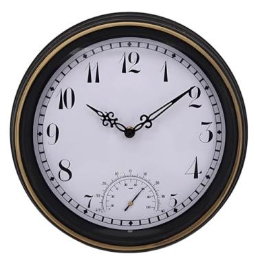 Imagem de Termômetro de relógio impermeável de parede ao ar livre, 30,5 cm / 30,5 cm redondo, design de ouro preto, moldura PVC com números grande, estilo pátio de jardim vintage