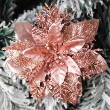Imagem de Vitalili 16 peças de decorações artificiais de flores de Natal com clipes e caules decorações de poinsétia de Natal com glitter para enfeites de árvore de Natal, decoração de guirlanda de festa de inverno (ouro rosa)