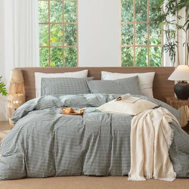 Imagem de MooMee Conjunto de capa de edredom Gingham 100% algodão lavado, linho, texturizado, respirável, durável, macio, confortável, moderno design xadrez (mini guingão verde floresta, Cal King 264 x 248 cm)