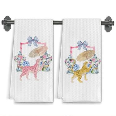 Imagem de Elefeltclave Toalhas de cozinha em jarra de gengibre chinoiserie rosa chinoiserie, toalhas de chá de leopardo Grandmillennial para decoração de cozinha, toalha de mão decorativa de guepardo com laço