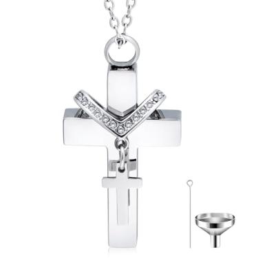 Imagem de Colar de urna cruzada para cinzas com diamante brilhante, joia de cremação à prova d'água para cães, gatos, pássaros, cinzas humanas, mini urna para homenagear os amados animais de estimação, pingente