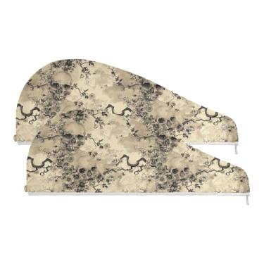 Imagem de SEHANY Toalha de cabelo de microfibra rosa e caveira para mulheres, 2 peças, turbantes de cabelo de secagem rápida com botão, touca de cabelo seco absorvente toalha de secagem de cabelo para cabelos