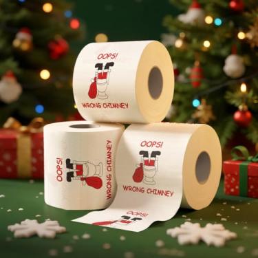 Imagem de 1 rolo de papel higiênico de Natal, Papai Noel engraçado e chaminé errada, papel higiênico impresso, suprimentos de rolo de papel higiênico para decoração de banho de Natal, decoração de banheiro