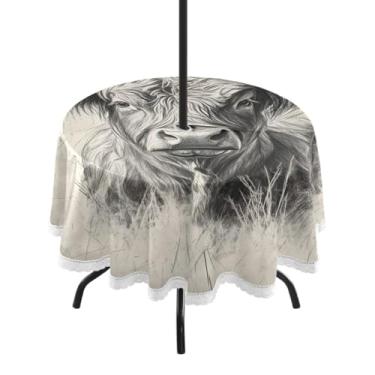 Imagem de CEBUGI Toalha de mesa redonda para uso ao ar livre, vaca Highland, impermeável, com furo Umberlla, capa de mesa lavável para pátio, cozinha, sala de jantar, 152 cm