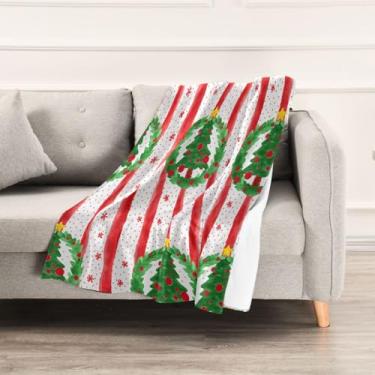 Imagem de Wassud Cobertores e mantas de Natal com listras de árvore de Natal de 152 x 228 cm (2) cobertor de lã de pelúcia aconchegante para cama, sofá, cadeira, decoração de casa