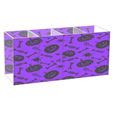 Imagem de CEBUGI Porta-lápis de acrílico transparente com 4 compartimentos, organizador de pincéis de maquiagem, ícones do Dia das Bruxas, para armazenamento em mesa de escritório em casa