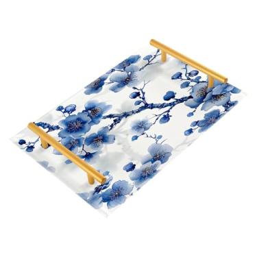 Imagem de Wassud Bandeja de banheiro com alças aquarela flores de cerejeira organizador de perfume para banheiro cozinha balcão 30 x 20 cm