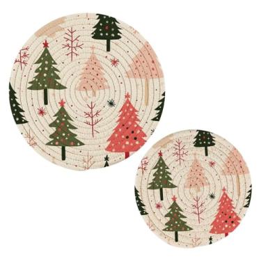 Imagem de Wassud Conjunto de trivet de rabiscos de árvore de Natal para pratos quentes, suportes de panela redondos, almofadas quentes de algodão, porta-copos elegantes, decoração de cozinha e acessórios, 2