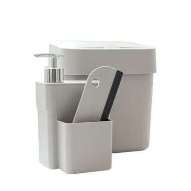 Imagem de Dispenser Detergente de Cozinha 2 em 1 com Porta Esponja e Rodo – Suporte Luxo para Pia, Sabão Líquido 750ml(DISPENSER+RODO+LIXEIRA CREME)