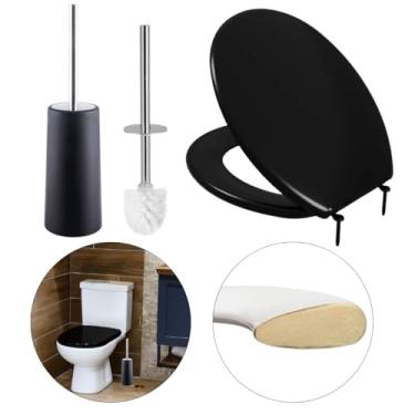 Imagem de Assento Vaso Sanitário Almofadado Slim Preto + Escova Sanitária Com Suporte Preto Base Redonda