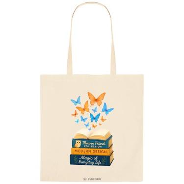 Imagem de Phicorn Sacola de lona, sacola reutilizável de algodão com estampa de borboleta e livro de 38 cm x 40 cm para professores, amantes de livros e compras diárias