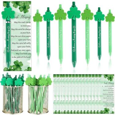 Imagem de Jetec 40 conjuntos de canetas esferográficas de trevo de São Patrício com tinta preta, trevo verde, com cartões de bênção e gravatas torcidas para meninos e meninas, festa irlandesa, casa, escritório,