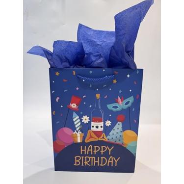 Imagem de Ssyuysto Saco de presente de aniversário de 33 cm azul para presente de feliz aniversário com etiqueta de papel de seda, bolsa de presente de festa com alças de corda azul real para mulheres, homens