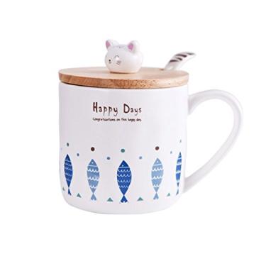 Imagem de Caneca de café de cerâmica de gatos engraçados com tampa e colher - Canecas de água de peixe e gato com desenho animado para chá gelado, leite, ótimo presente para pai, seg, mulheres, crianças