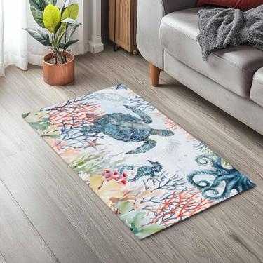 Imagem de Capacho de boas-vindas antiderrapante 51 x 81 cm, tartaruga marinha coral algas marinhas tapete de cozinha interior tapete de porta azul oceano polvo cavalo marinho absorção de água tapete de entrada