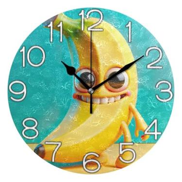 Imagem de GAIGEO Relógio de parede decorativo analógico relógio de cozinha rústico funky alimentado por bateria, sala de estar decoração de parede moderna desenho animado banana amarelo engraçado, 25 cm
