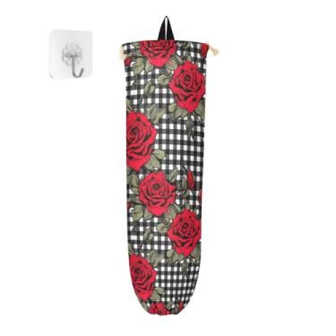 Imagem de Rosas vermelhas no tabuleiro de damas preto e branco dispensador de sacolas de supermercado, dispensador de saco plástico para sacolas de supermercado, bolsa de armazenamento de parede, 1 pacote
