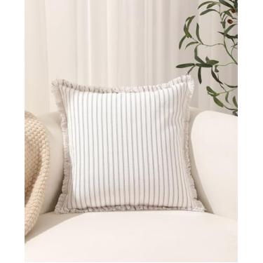 Imagem de Capa de almofada listrada cinza de 45,7 x 45,7 cm com franja, capa de almofada quadrada decorativa boho para sofá de sala de estar, sofá, cama, decoração de casa, pacote com 1