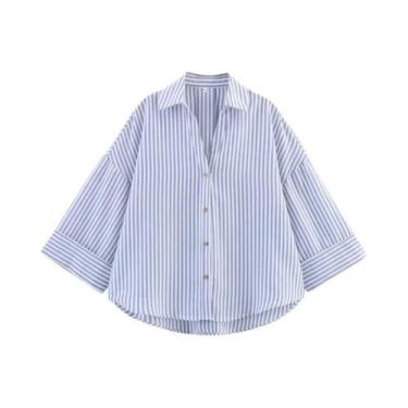 Imagem de Camisa Casual Listrada Oversize Feminina Com Mangas Largas Branca Solt
