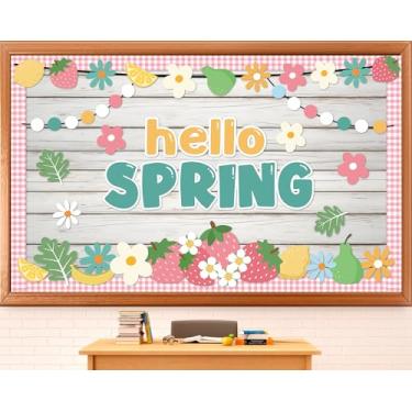 Imagem de Hello Spring Bulletin Board Decorações de primavera fruta floral sala de aula quadro de avisos flores recortes de papel para primavera tema suprimentos de festa volta às aulas sala de aula