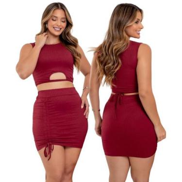 Imagem de Conjunto Feminino Canelado Blusa com Laço Ajustável e Saia Regulável -