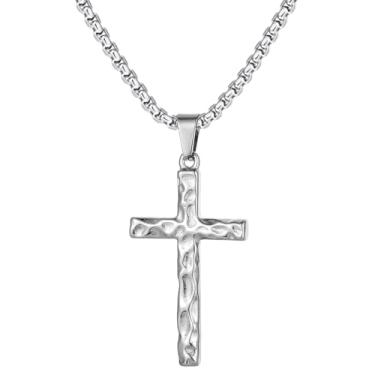 Imagem de TASBERN Colar de cruz de aço inoxidável martelado para homens, joias rústicas de fé cristã, presente, ouro, preto, prata, corrente de cruz para adolescentes, filho, batismo, primeira comunhão, Páscoa