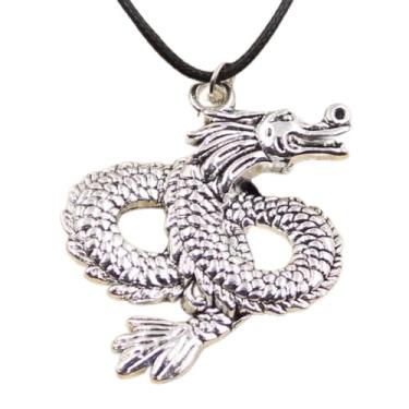 Imagem de EDCRFV Colar pingente de dragão de prata tibetano cordão de couro preto feito à mão