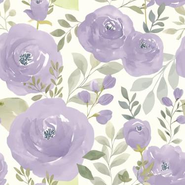 Imagem de VEELIKE Papel de parede floral lilás macio roxo vintage lavanda peônia floral descascar e colar papel de parede para quarto de meninas quarto berçário 48 cm x 354 cm autoadesivo removível flor papel