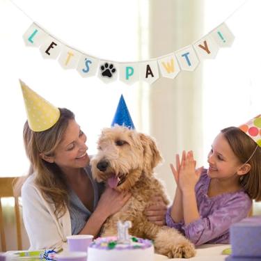 Imagem de Faixa de feltro Let's Pawty – Mini faixa de aniversário de cães, suprimentos de aniversário de cachorro neutro, guirlanda de festa de filhotes, decorações de férias de animais de estimação