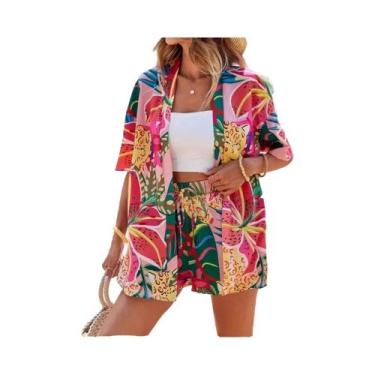 Imagem de Conjunto De Verão Feminino Com Estampa, Camisa De Manga Curta E Shorts