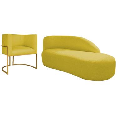Imagem de Kit Divã Luna 185cm Lado Direito E 01 Poltrona Base De Ferro Dourado Suede Cor Amarelo