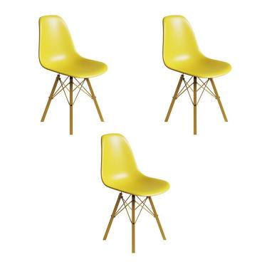 Imagem de Conjunto 3 Cadeiras Eames Estilo Moderno Em Ferro Dourado Com Assento Amarelo