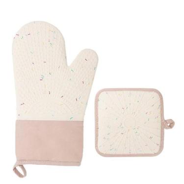 Imagem de Luvas de forno de silicone bege com forro de algodão resistentes ao ca