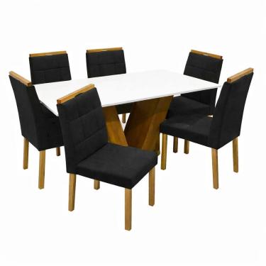 Imagem de Mesa de Jantar Classic 160x80cm com Vidro e 6 Cadeiras Giulia em Veludo Estofadas Cel Móveis Cor Cinamomo Off White com Tecido Preto