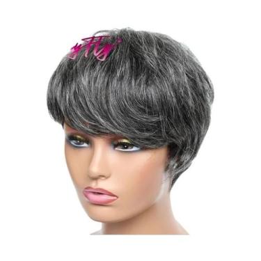 Imagem de Peruca Pixie Cinza Com Franja, Curta, Ombre, Ondulada Natural, Cabelo 